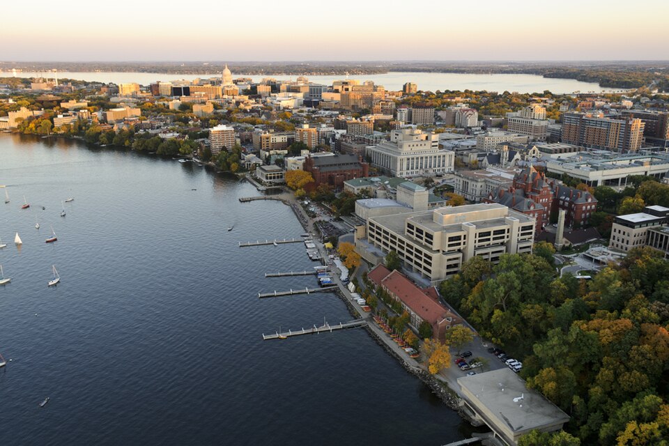 Madison, WI: Aerial View of Campus, with Helen C. White Hall in foreground (14070186173)