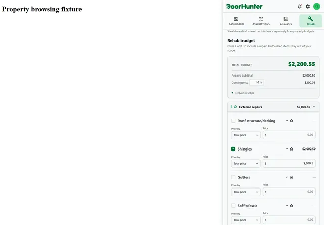 DoorHunter extension displaying an illustrative itemized rehab budget
